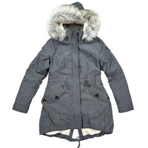 Abercrombie & Fitch Parka Jacket Women's Large Gray Sherpa Lined Faux Fur Hooded